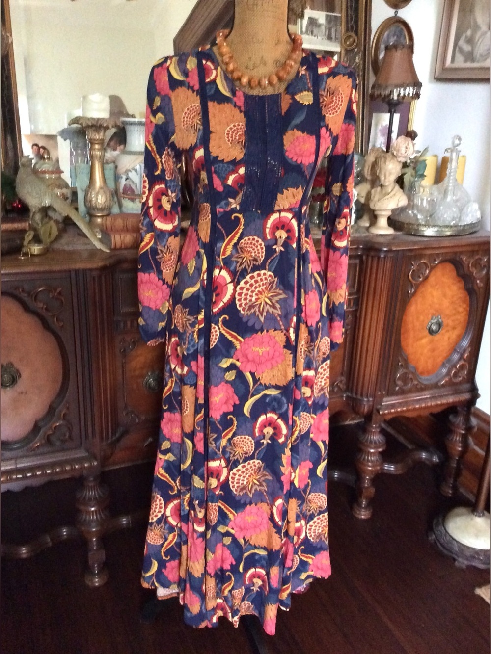 Vintage Fall Autumn Boho Hippie Gypsie Floral Botanical Print Peasant Maxi Dress